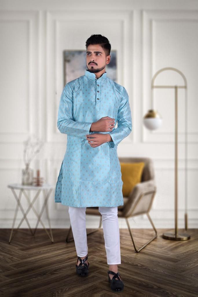  Designed Men's Pure Jacquard Cotton Silk Kurta Pajama Set -Light Blue