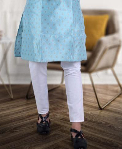 Light blue color Designed Men's Pure Jacquard Cotton Silk Kurta Pajama Set in Buckeye