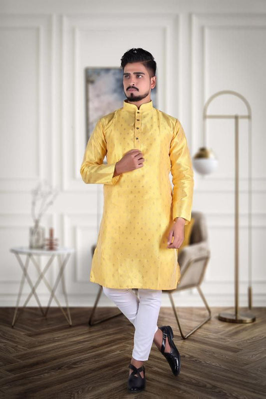 Men's Pure Jacquard Cotton Silk Kurta Pajama Set - Yellow