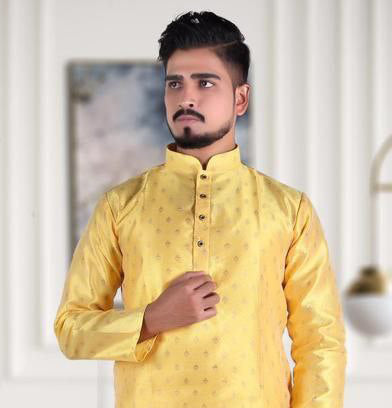 Men's Pure Jacquard Cotton Silk Kurta Pajama Set - Yellow near me