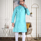 Attractive Men's Pure Teal Green Jacquard Cotton Silk Kurta Pajama Set - Sea Blue