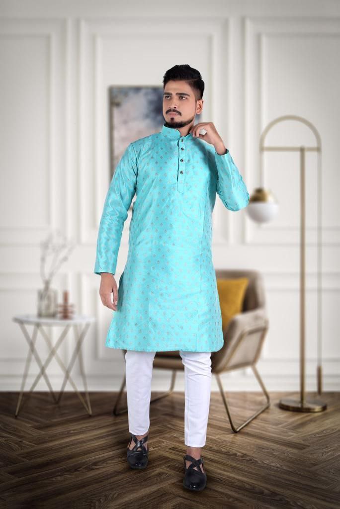 Attractive Men's Pure Teal Green Jacquard Cotton Silk Kurta Pajama Set - Sea Blue