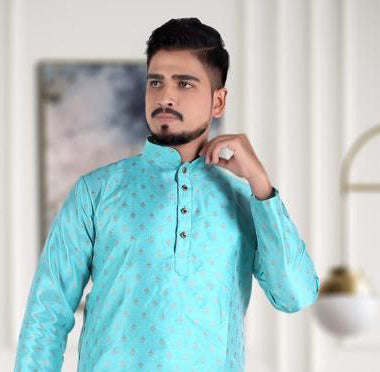 Sea Blue Men's Pure Teal Green Jacquard Cotton Silk Kurta Pajama Set near me