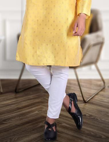 Yellow Men's Pure Jacquard Cotton Silk Kurta Pajama Set in Suncity
