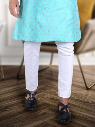 Sea Blue Men's Pure Teal Green Jacquard Cotton Silk Kurta Pajama Set in USA