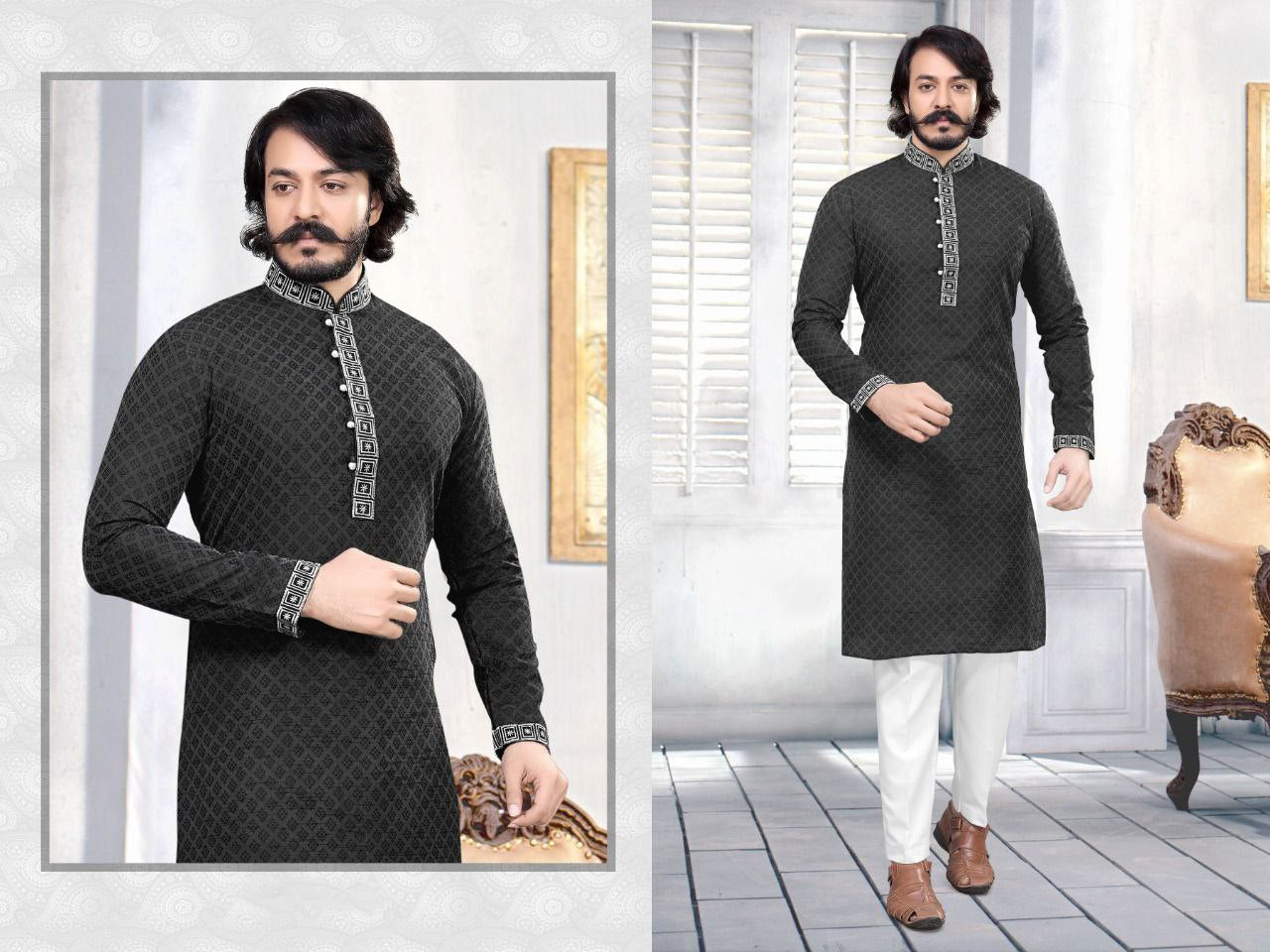 Black colored Men's Embroidered Cotton Silk Kurta Pajama Set in USA