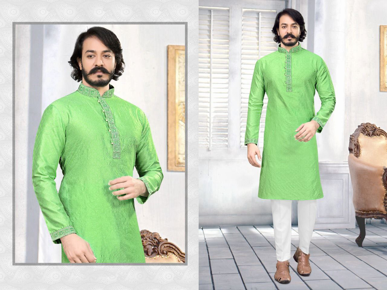 Embroidered Men's Cotton Silk Kurta Pajama Set in Light Green in USA
