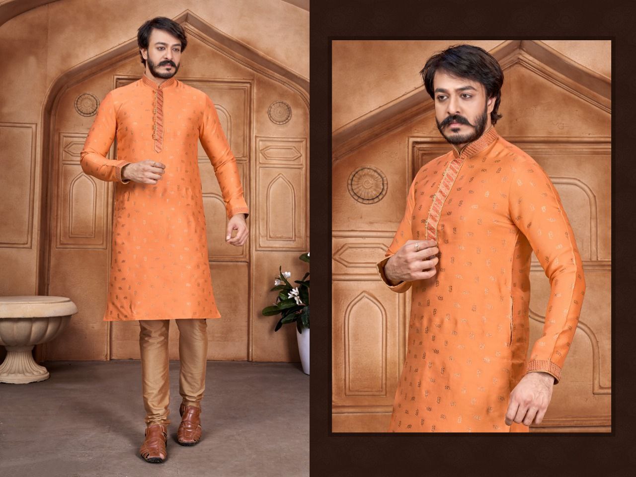 Men's Pure Jacquard Leaf Work Kurta Pajama Set In Orange in USA