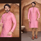 Embroidered Men's Pure Jacquard Leaf Work Kurta Pajama Set In Light Pink in USA