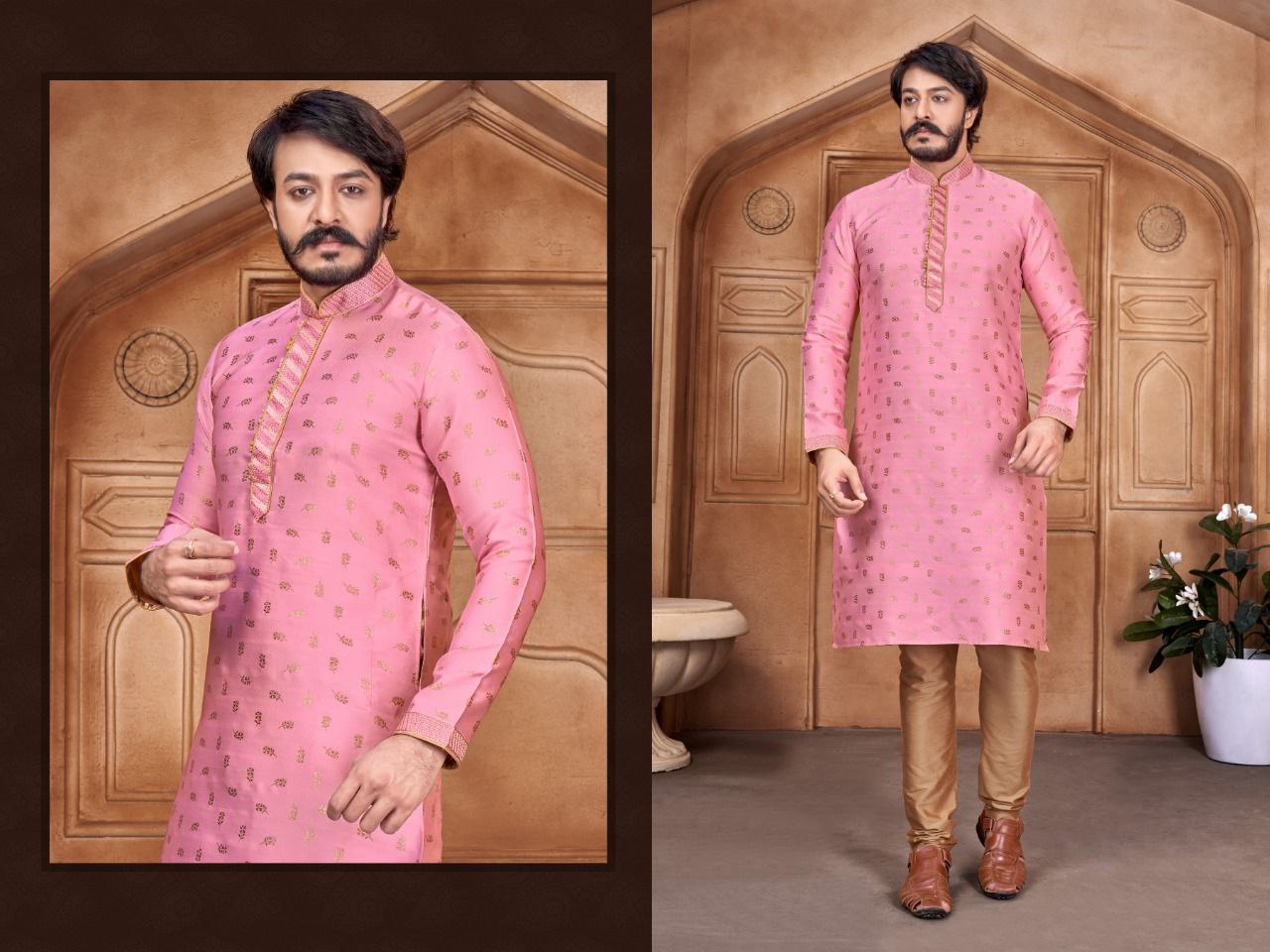 Embroidered Men's Pure Jacquard Leaf Work Kurta Pajama Set In Light Pink in USA