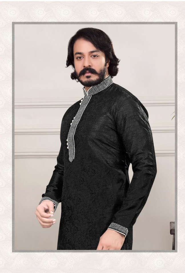 Black Embroidered Men's Cotton Silk Kurta Pajama Set near me