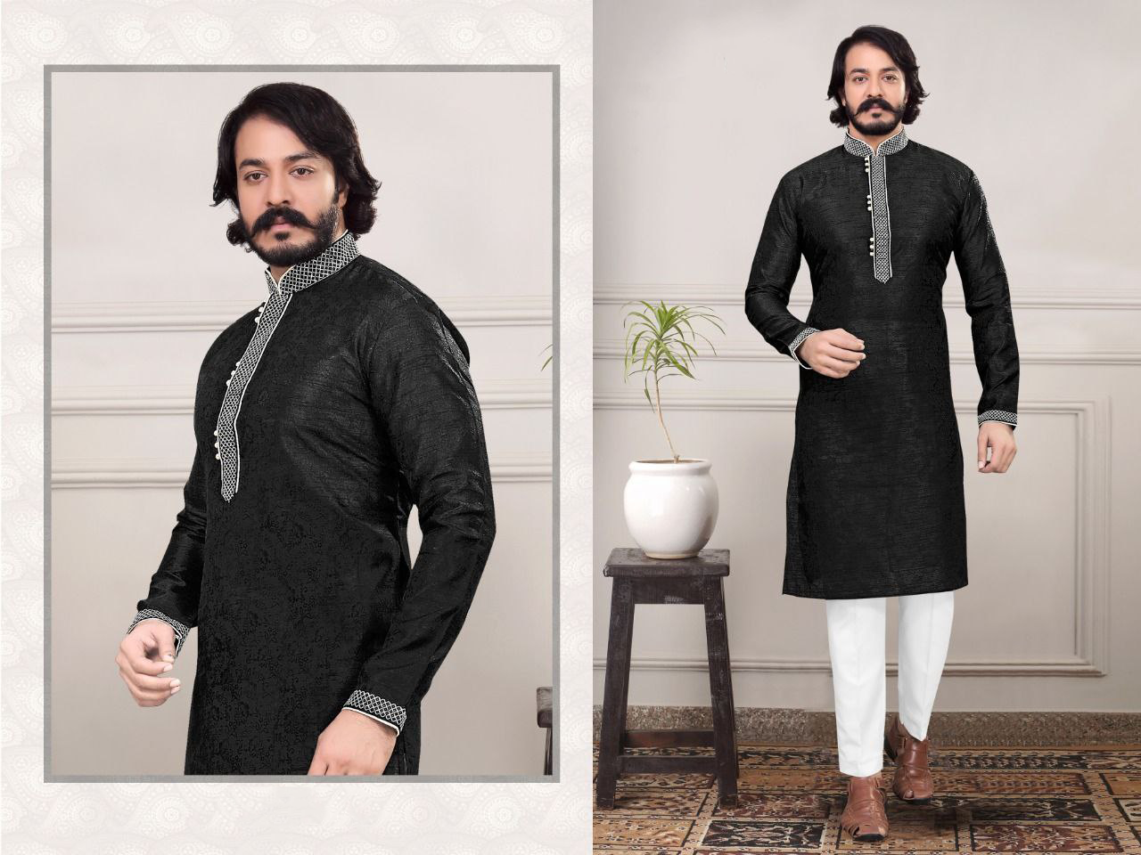 Black Embroidered Men's Cotton Silk Kurta Pajama Set in Douglas