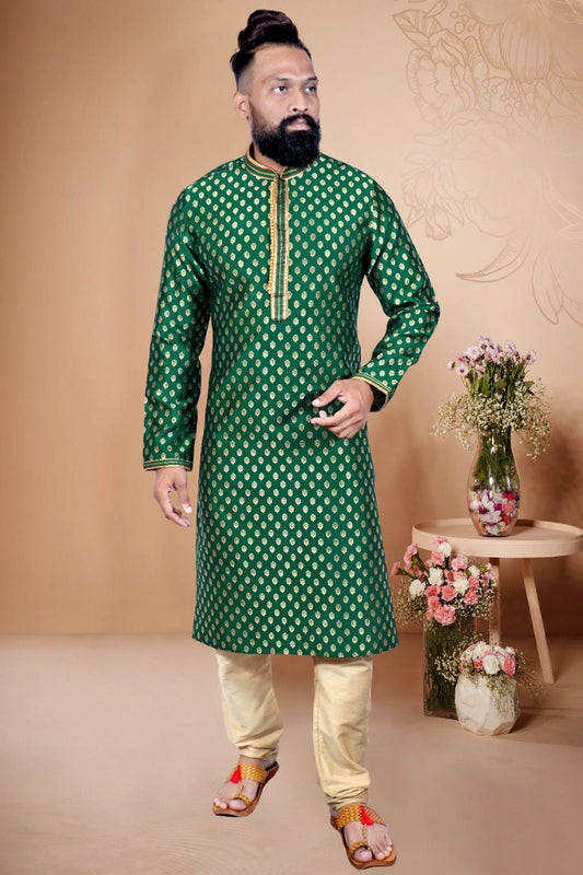 Attractive Men's Ethnic Kurta with Pajama Set - Dark Green