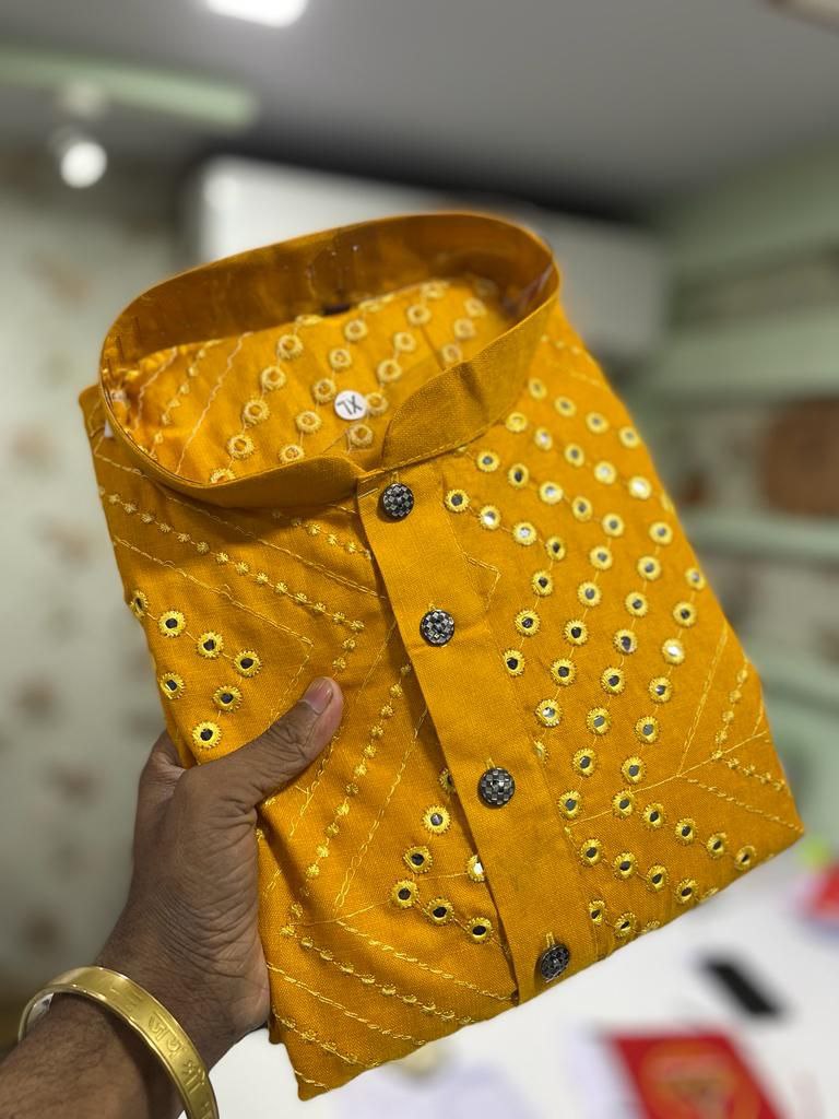  Men's Mirror Embroidery Work Yellow Cotton Kurta Pajama Set Near Me