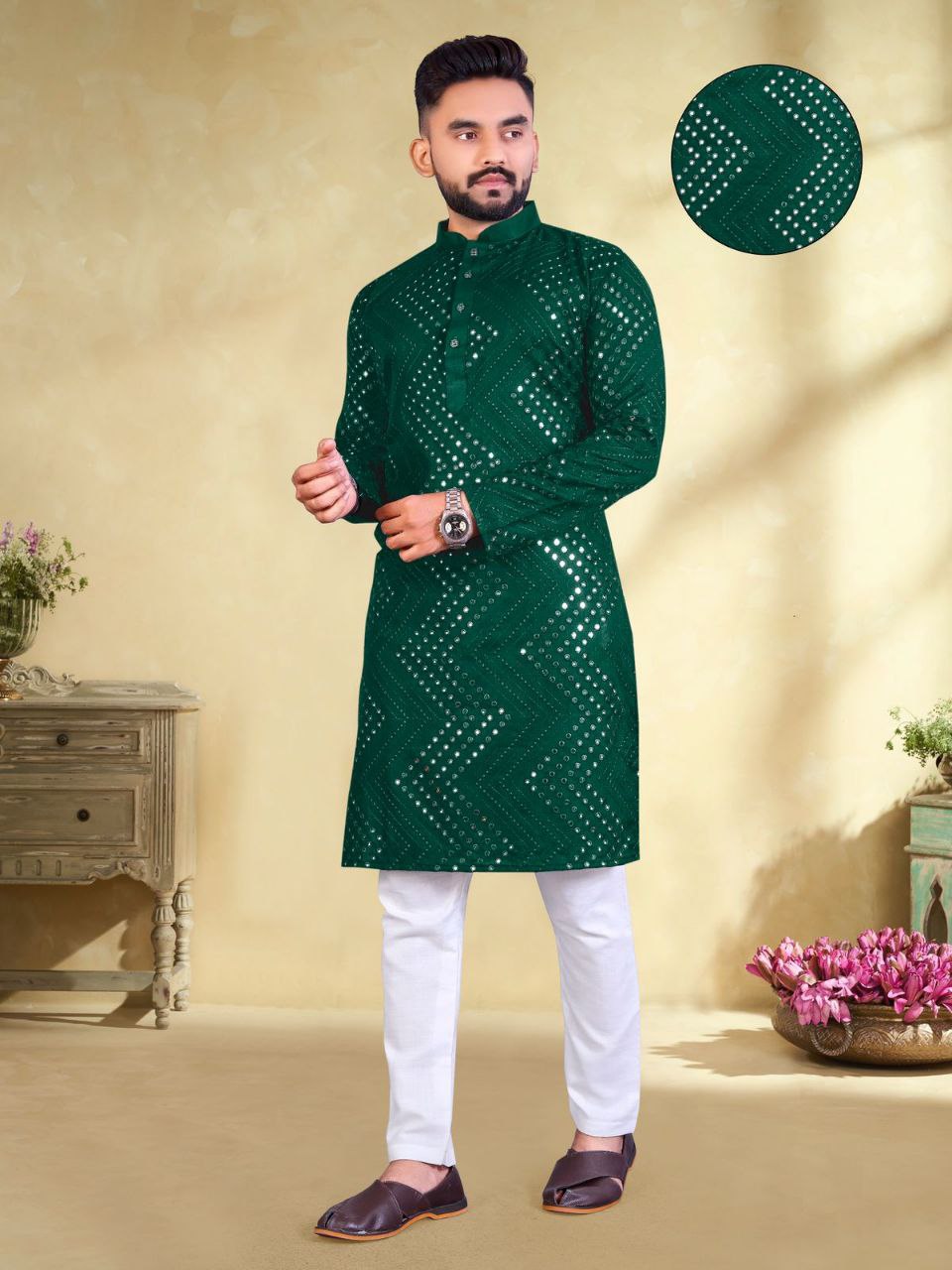 Men's Mirror Embroidery Work Green Color Kurta Pajama Set