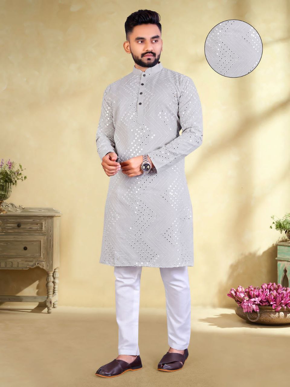 New Trendy Embroidery Mirror Work Grey Color Men's Kurta Pajama Set