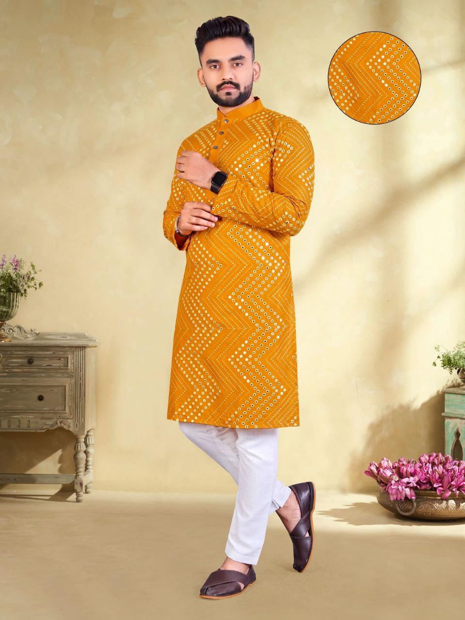 Traditional Men's Mirror Embroidery Work Yellow Kurta Pajama Set