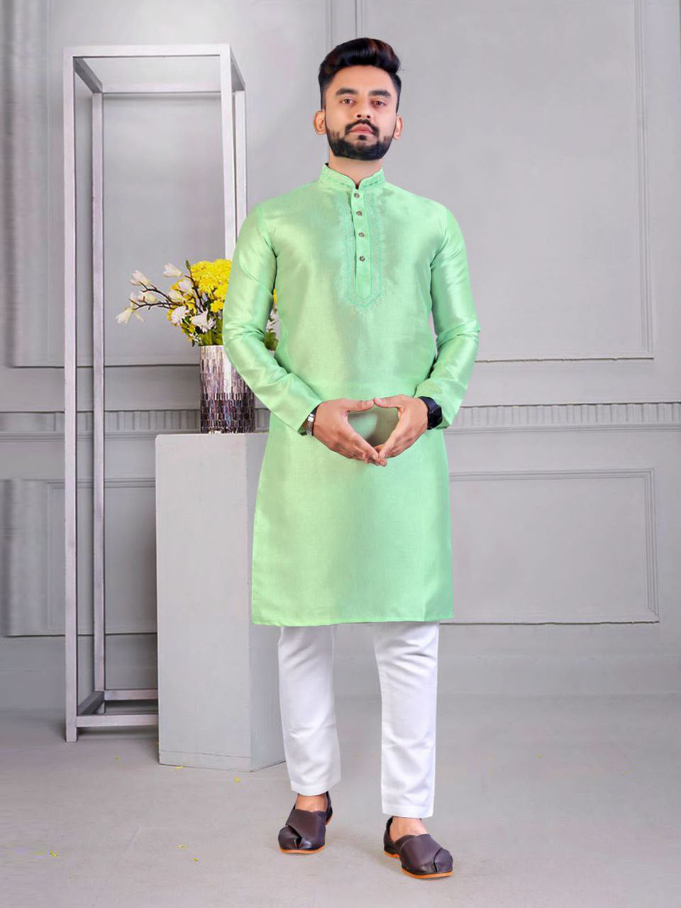 Men's Solid Embroidered Light Green Silk Kurta Pajama Set