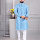 Men's Solid Embroidered Traditional Silk Kurta Pajama Set - Sky Blue