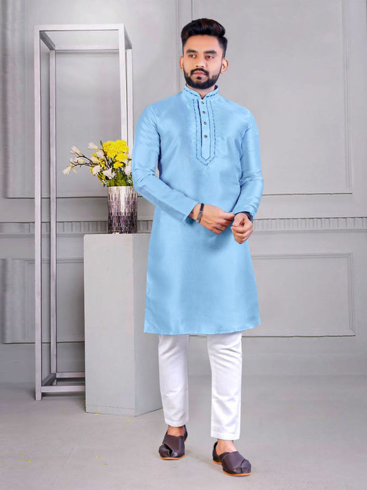 Men's Solid Embroidered Traditional Silk Kurta Pajama Set - Sky Blue