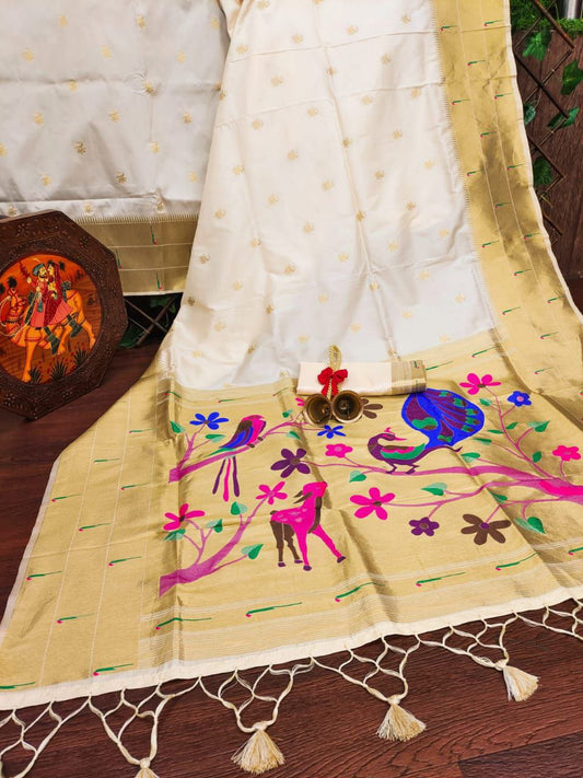 Off White Color Paithani Silk Saree With Zari Weaving Work 