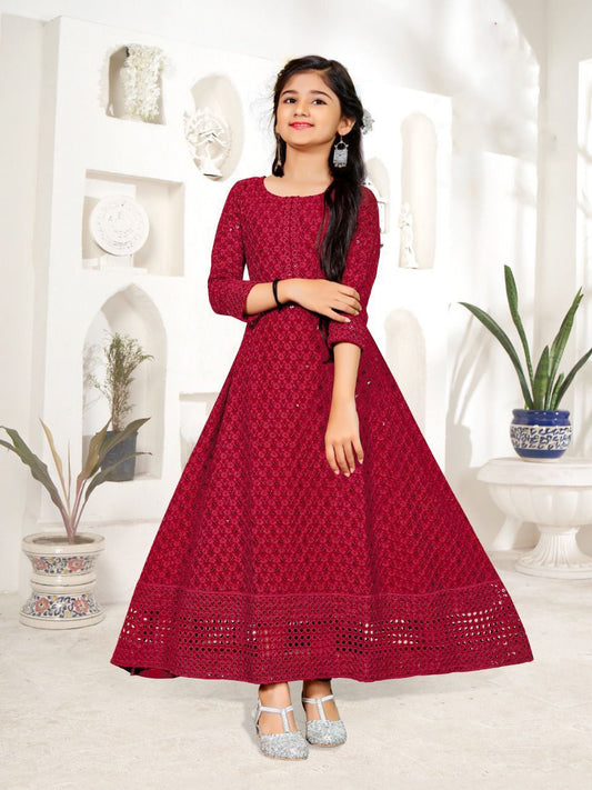 Beautiful Maroon Rayon Long Gown With Chikan Work
