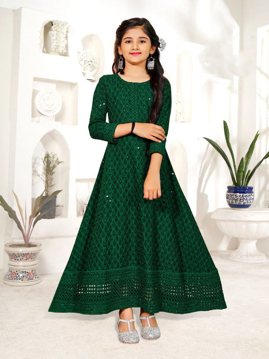 Green Rayon Long Gown With Beautiful Chikan Work in Surprise