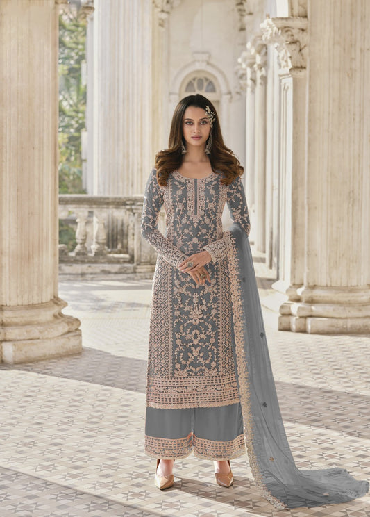Grey Color Designer Embroidered Net Beautiful Palazzo Suit