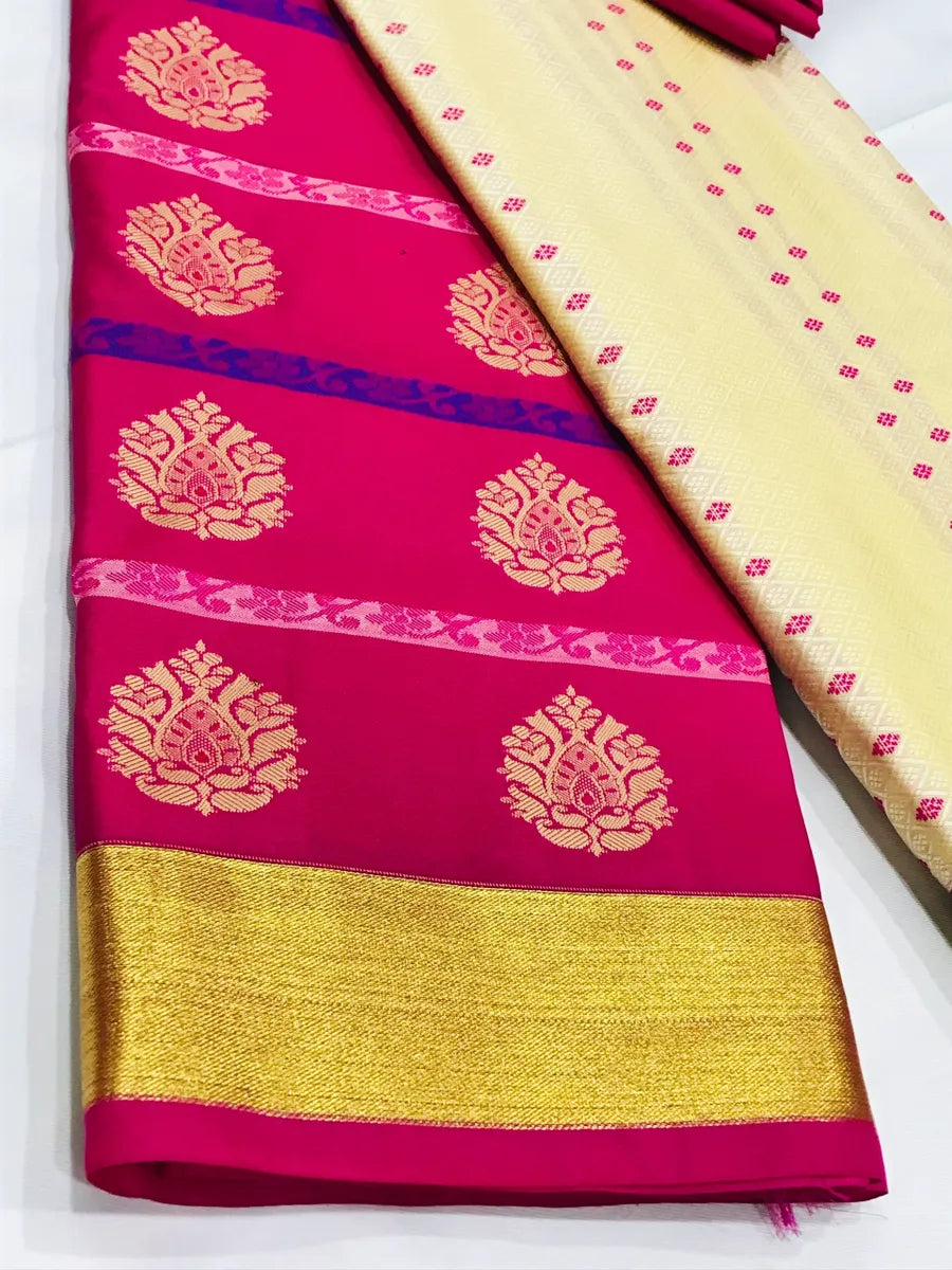 Kanchi Silk Saree In Archaic Ivory With Pink Border Near Me