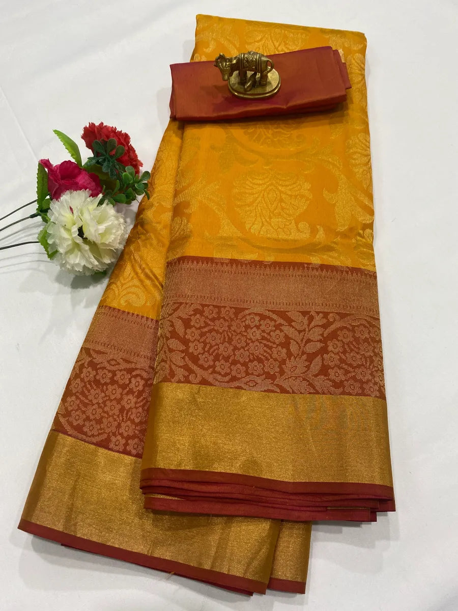Royal Pure Kanchipuram Brocade Yellow Floral Wedding Silk Saree - SILKMARK CERTIFIED