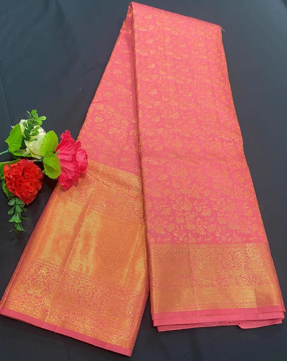 Bridal Gorgeous Pink Pure Kanjeevaram Silk Saree With Gold Zari Brocade And Jacquard Border - SILKMARK CERTIFIED