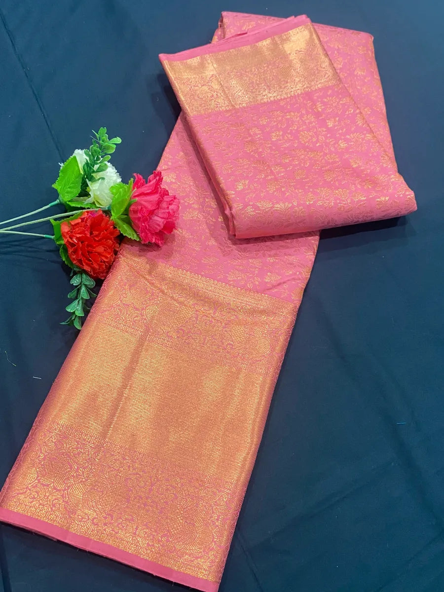 Pink Pure Kanjeevaram Silk Saree With Gold Zari Brocades in Gilbert