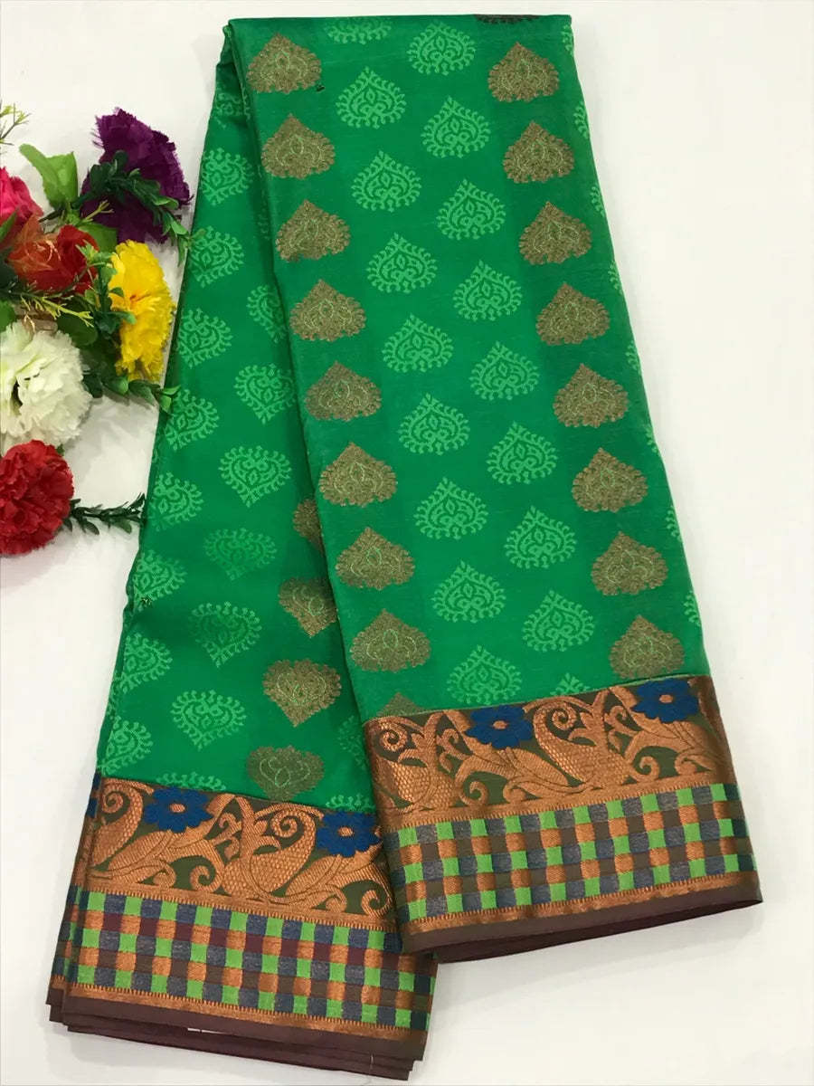 Traditional Green Color Copper Embossed Zari Art Silk Saree With Contrast Blouse