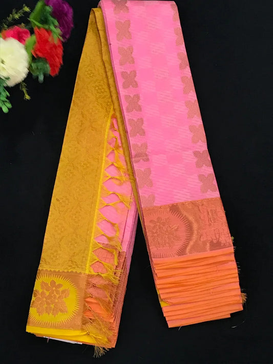 Magnificent Pink Color Copper Zari Embossed Flower Motifs Art Silk Saree With Contrast Blouse
