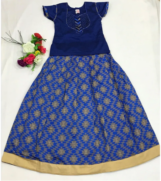 Dazzling Blue Color Silk Cotton Langa Set For Kids