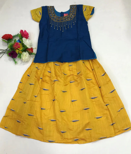 Blue And Yellow Beautiful Embroidery And Stone Work Langa Set For Kids