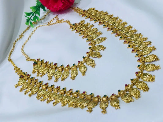 Gold Plated Lakshmi Temple Coin Long Chain With Choker Set