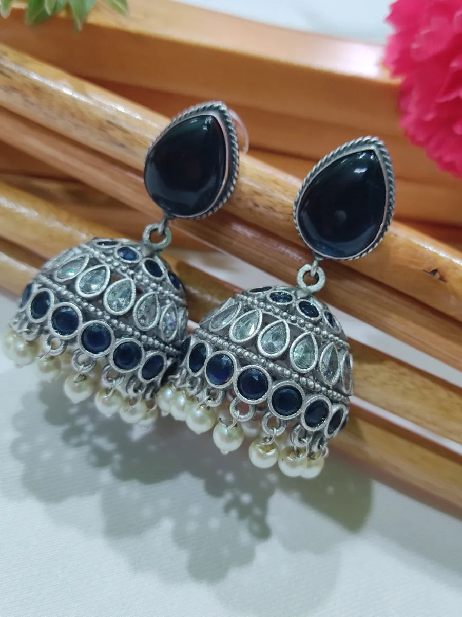 AD Stoned Pearl Beaded Oxidized Jhumka Jhumki Earrings In USA