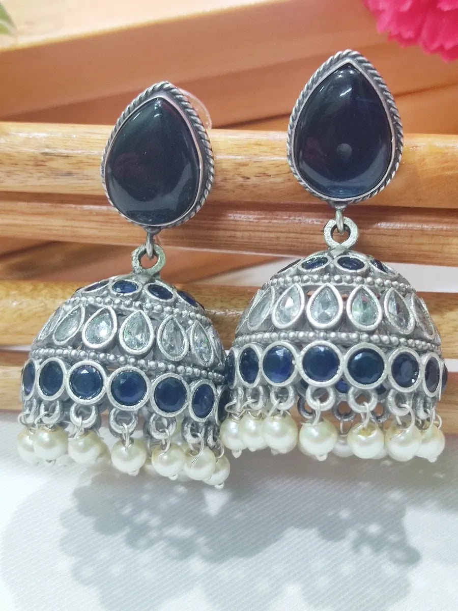 Oxidized Blue And White Stone, Pearl Beaded Jhumki Earrings In Phoenix
