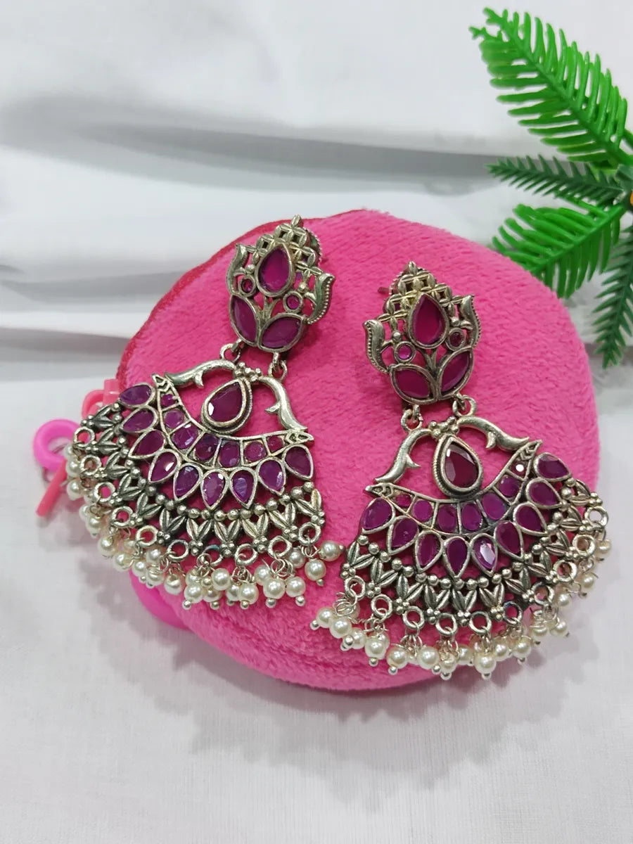 Ethnic Ruby With Mogra Drop Garman Silver Earrings