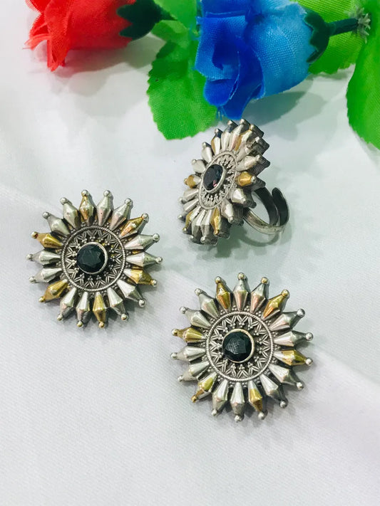  Black Floral Brass And Copper Made Oxidized Earrings And Ring Set