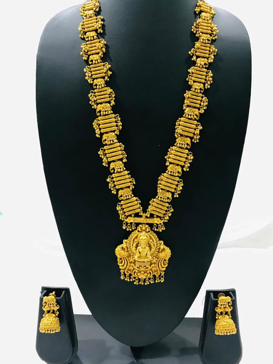  Antique Gold Matte Finished Temple Design Long Chain With Jhumka Earrings