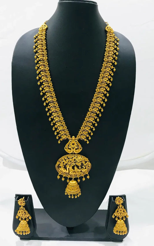 Antique Gold Matte Finished Radha Krishna Pendant With Beautiful Peacock Jhumka Earrings