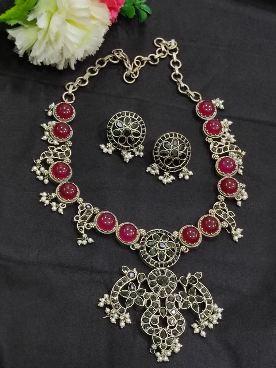 Ruby And Black Natural Stones Oxidized Necklace With Earrings In USA