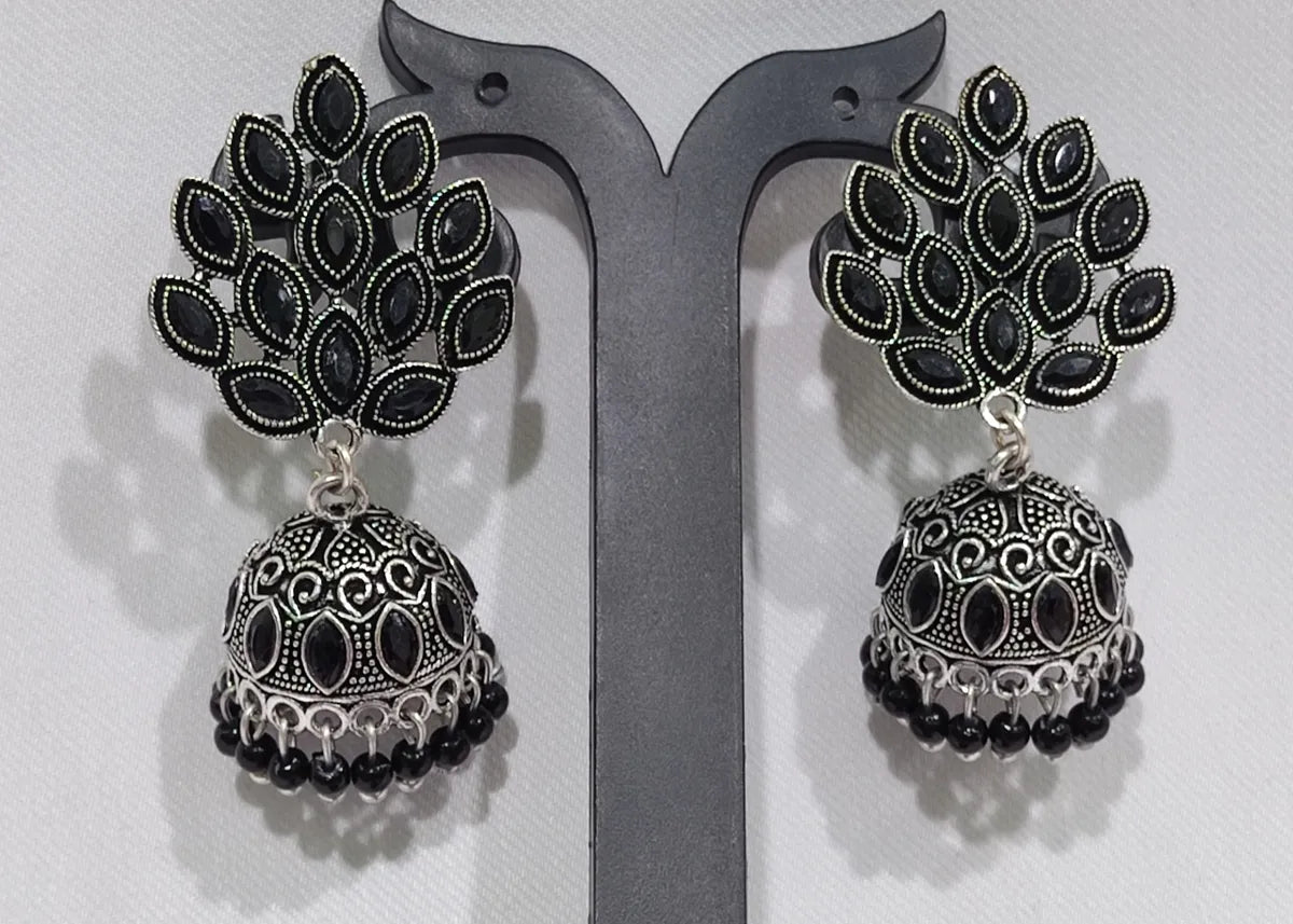 Oxidized Black Beads Jhumka Earrings In USA