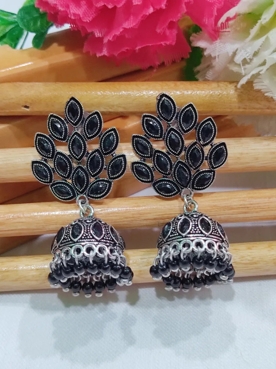 Oxidized leaf Design Silver Jhumka Earrings 