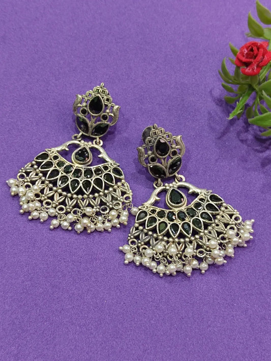 Ethnic Black Onyx Mogra Drop Silver Oxidized Earrings