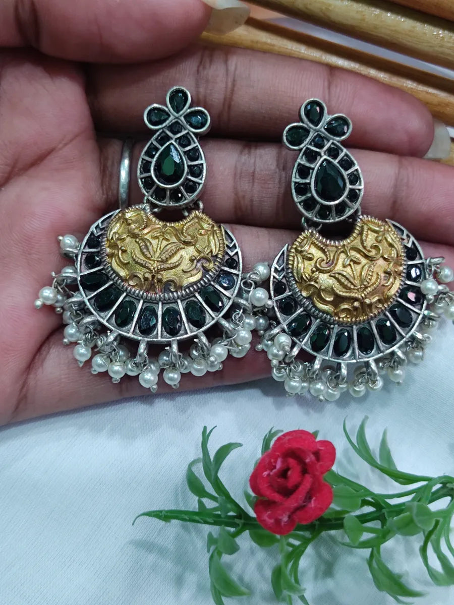 Shramya Oxidized Silver Plated Chandbali Earrings with for Women & Gir