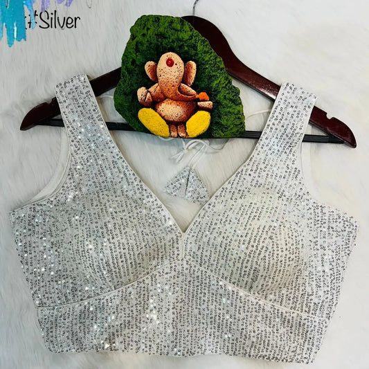 Attractive Silver Color Stylish Party Wear Sequins Work Ready To Wear Blouse