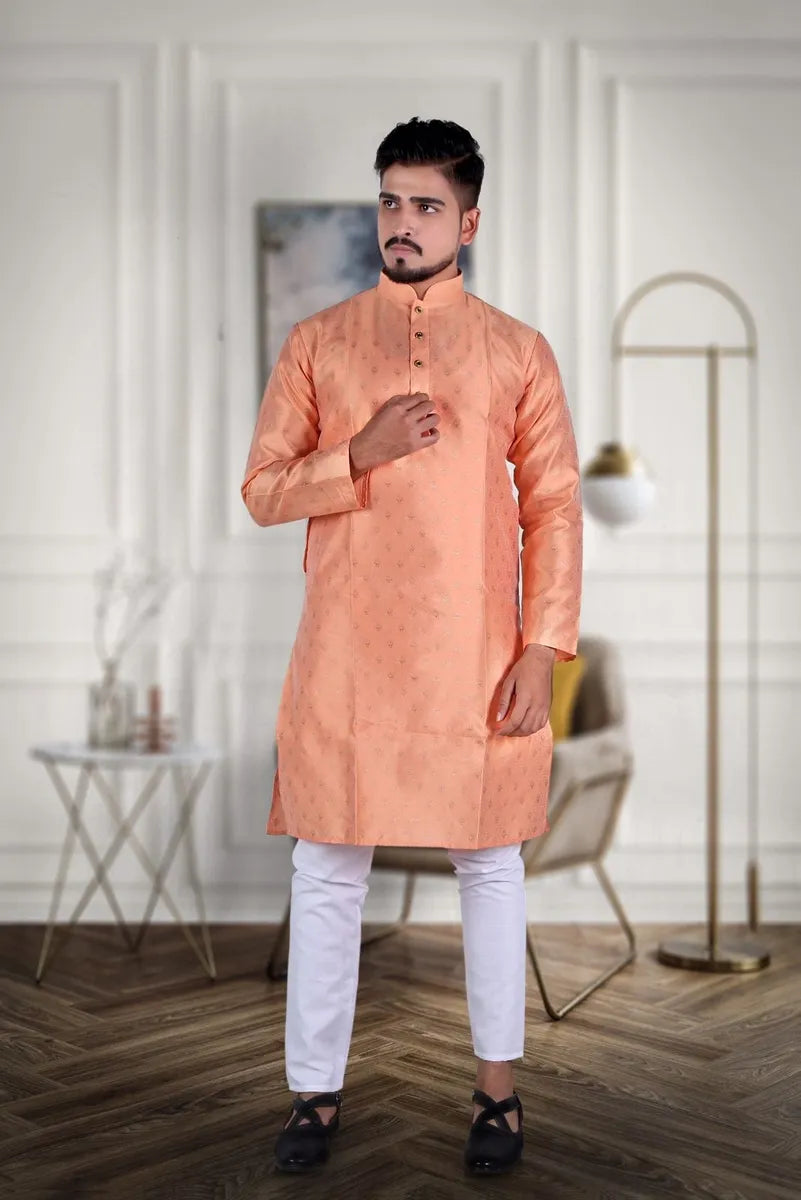 Designed Men's Pure Jacquard Cotton Silk Kurta Pajama Set 